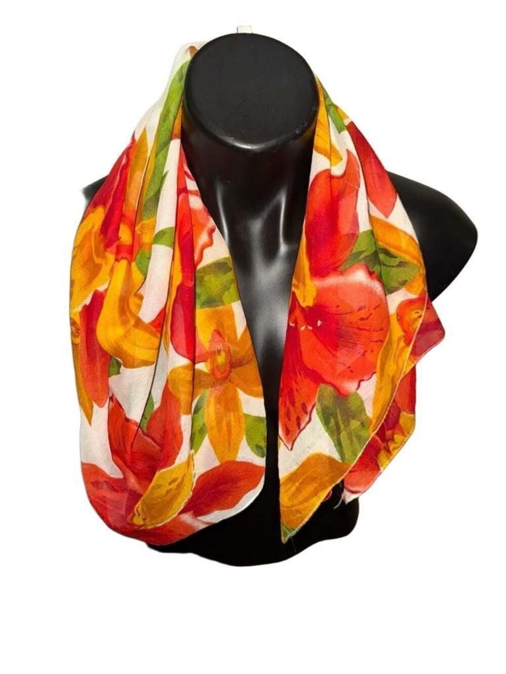 Vintage Floral Sheer Summer Scarf with Red and Yellow Flowers